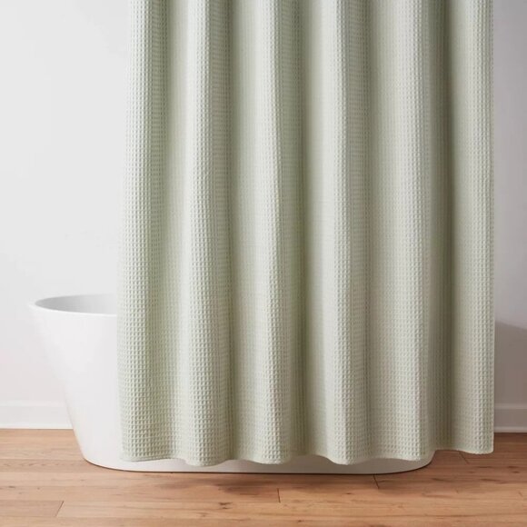 Threshold Waffle Weave Silver Green Cotton Blend Shower Curtain 72" x 72" - Picture 1 of 7